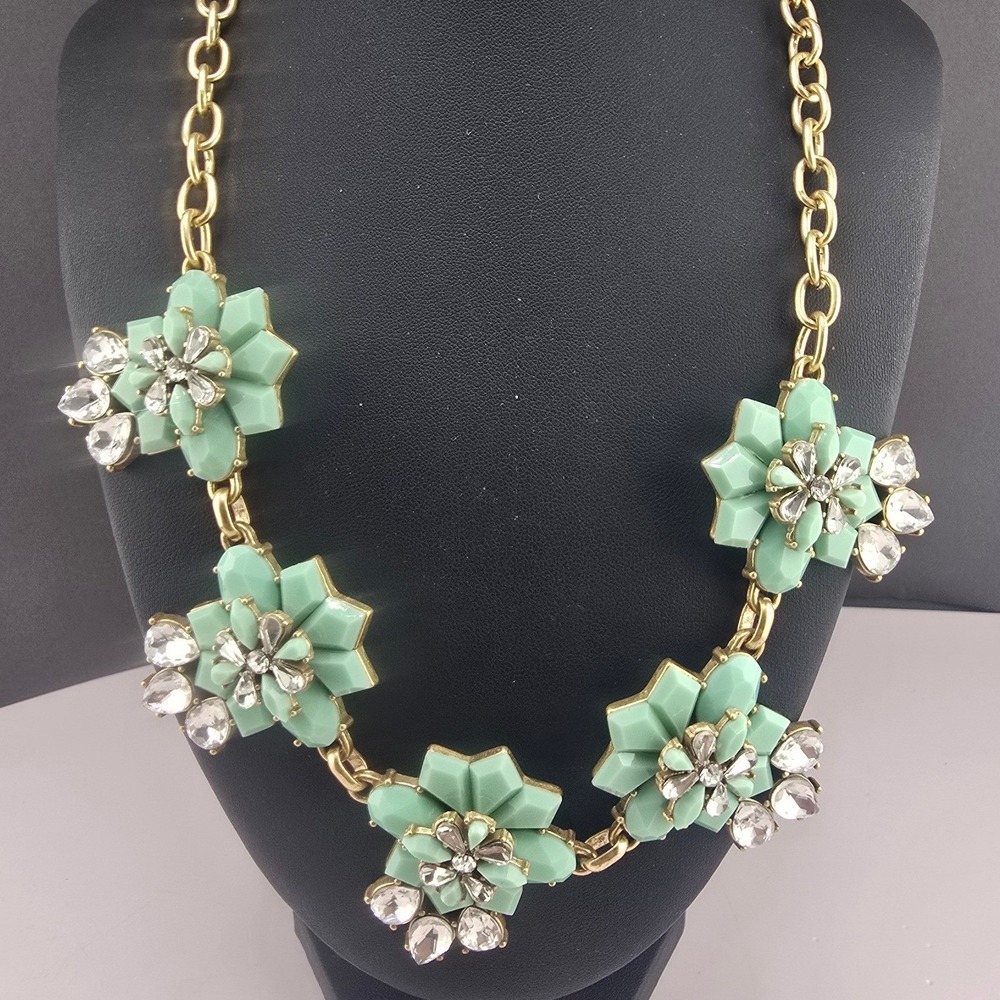 J.Crew Statement Necklace Green Floral Crystal Gold Tone Adjustable 22in